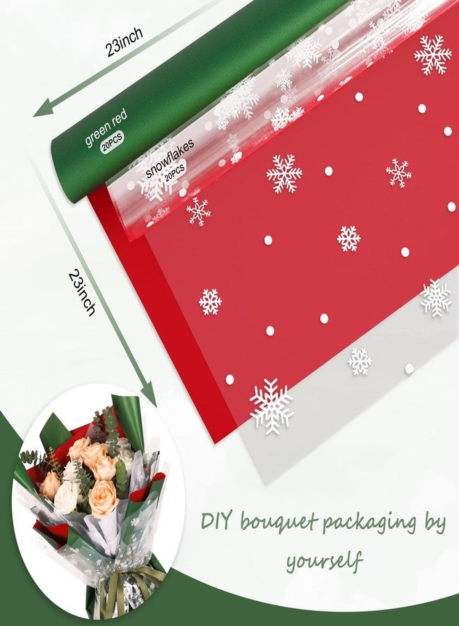 وولاين مجموعة أوراق تغليف زهور عيد الميلاد من والين، 40 قطعة، لون مزدوج أحمر وأخضر، أوراق تغليف زهور مزينة برقاقات ثلجية، أوراق تغليف باقات زهور من السيلوفان، 23 × 23 بوصة - Image 2